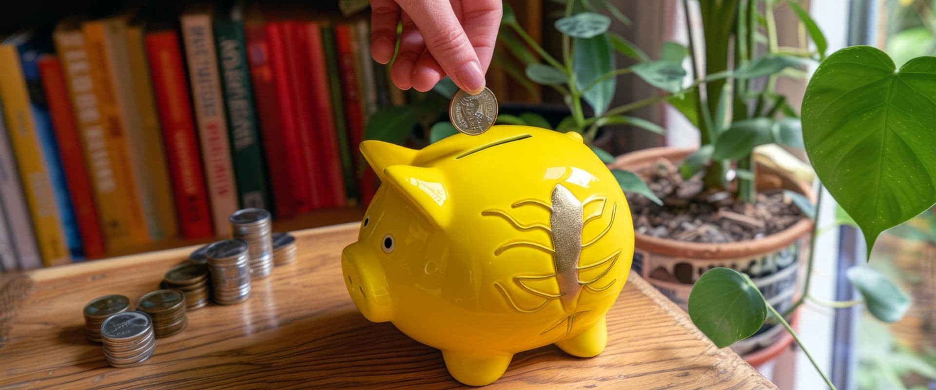 Pessoa colocando uma moeda na caixa de presente amarela em formato de porquinho, simbolizando economia financeira e poupança.
