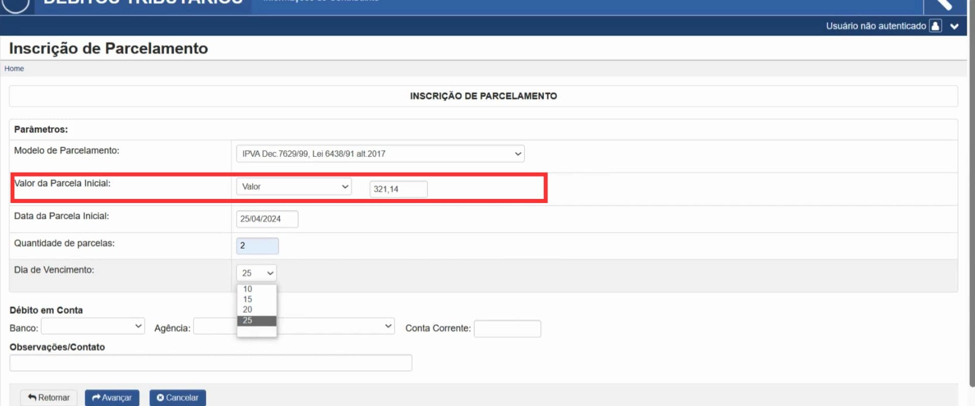 Tela de cadastro de parcelamento de dívida com valor inicial de R$321,14, destacando opções para o valor da parcela, data, quantidade, vencimento, banco e agência.