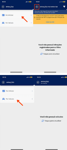 Tela do aplicativo mostrando opções de infrações por infrator e por veículo na seção de infrações do sistema de defesa veicular.