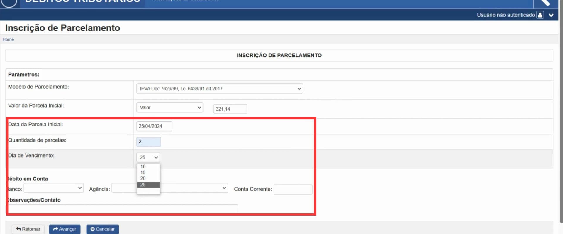 Tela de inscrição de parcelamento com destaque para a data inicial 25/04/2024 e quantidade de parcelas de 2.