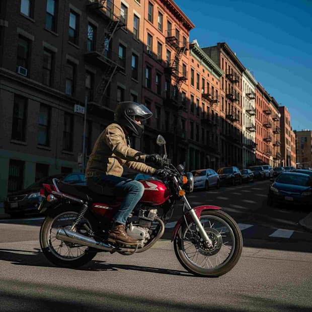 Homem pilotando motocicleta vermelha na rua de cidade com edifícios coloridos ao fundo, durante o dia.