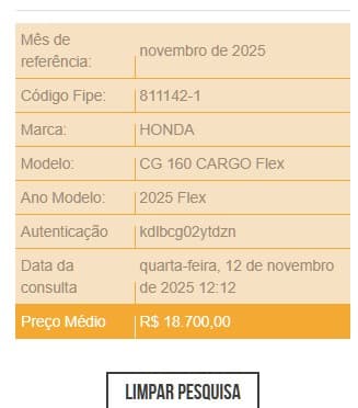 preço médio do veículo Honda CG 160 CARGO Flex com valor de R$ 18.700,00 e detalhes da consulta em novembro de 2025.