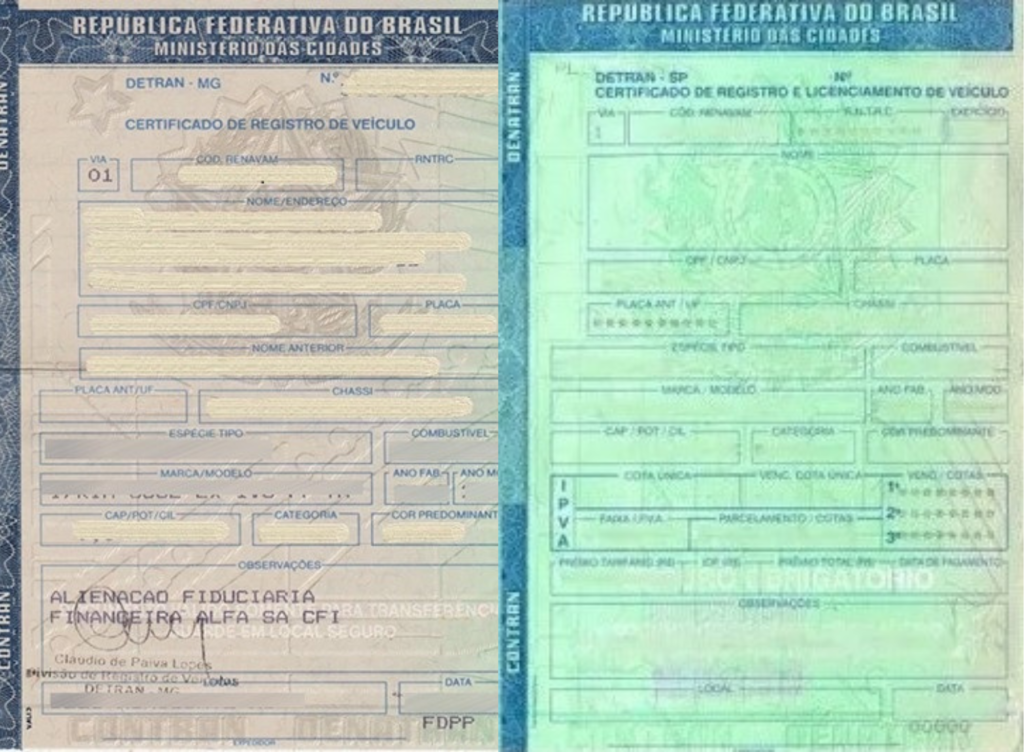 Na imagem há exemplares dp Certificado de Registro de Veículo (CRV) e do Certificado de Registro e Licenciamento de Veículo (CRLV).
